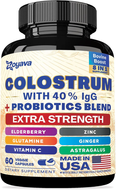 Bovine Colostrum Supplement Capsules, Grass Fed Cow Colostrum with 40% IgG 500MG, Probiotics 50MG, Elderberry 2000MG, L-Glutamine 200MG, Astragalu...