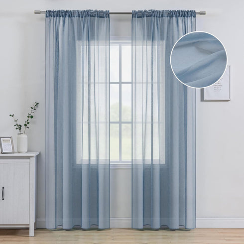 MIULEE Dusty Blue Linen Textured Sheer Curtains 84 Inches Long 2 Panels for Bedroom Living Room, Semi Transparent Farmhouse Light Blue Window Net ...