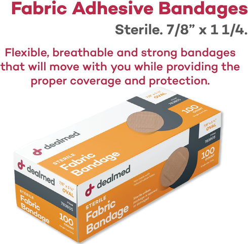Dealmed Flexible Fabric Oval Spot Adhesive Bandages – 100 Count (1 Pack) Non-Stick Pad, Latex Free, Wound Care for First Aid Kit, 7/8" x 1 1/4"...