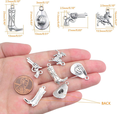80pcs Antique Silver Western Cowboy Theme Charms Vintage Alloy Mixed Western Horse Boot Gun Pendants Charms for DIY Bracelet Necklace Earrings Jew...