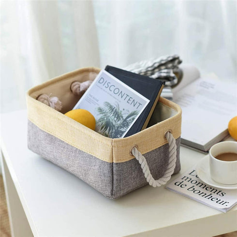 TheWarmHome Decorative Basket Rectangular Fabric Storage Bin Organizer Basket with Handles for Clothes Storage (Gold&Grey, Medium-1Pack,13.8L*9.8W...