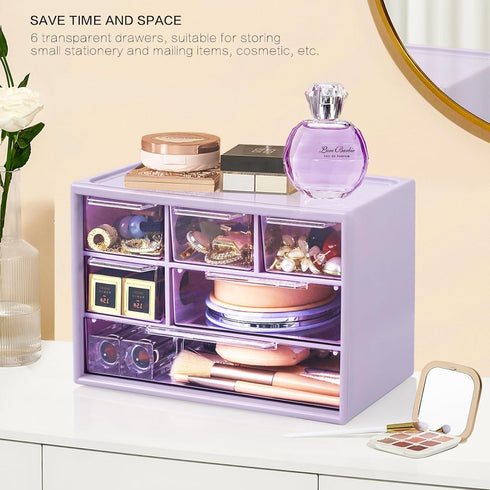Desk Storage Organizer with 6 Mini Drawers, FODIENS Stackable Desktop Craft Drawer Cabinet, Clear Storage Box Caddy for Makeup Jewelry Office Craf...