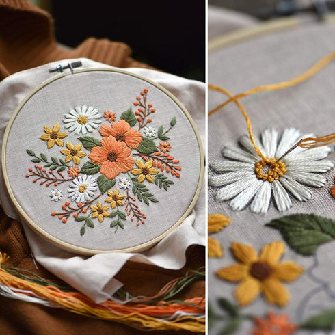 Embroidery Starter Kit with Pattern, Bamboo Hoop, Color Threads, Flaxen Fabric (Floral Design, Kid, Art Craft Kit)......