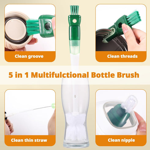 OUTXE 5 Pack Bottle Brush Set, 5-in-1 Water Bottle Cleaner Brush, 15" Long Handle Bottle Cleaning Brush, 3 Straw Brush, Removable Nipple Brush, De...