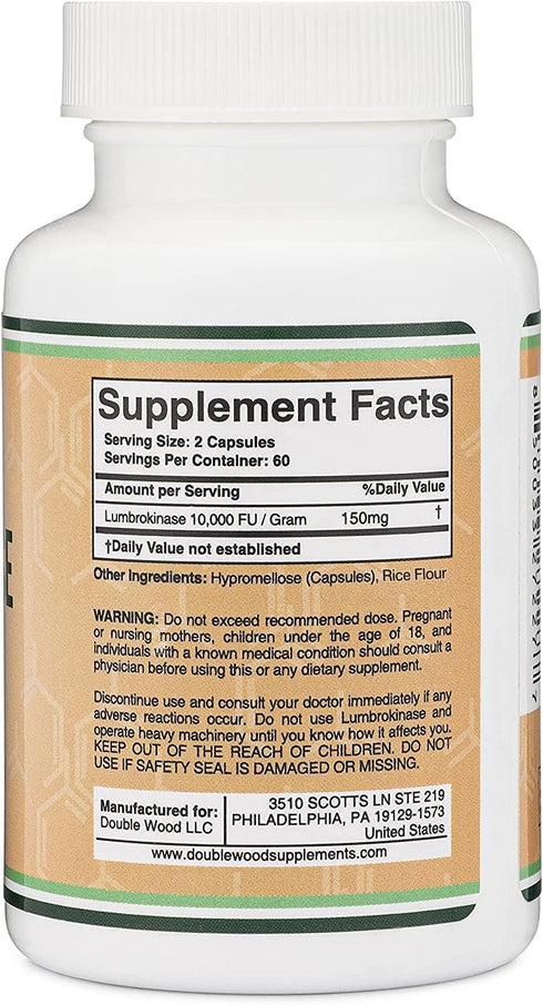 Lumbrokinase Enzymes Supplement - 120 Capsules (Max Activity 10,000 FU/Gram) 150mg per Serving (No Fillers, Non-GMO, Gluten Free) for Cardiovascul...