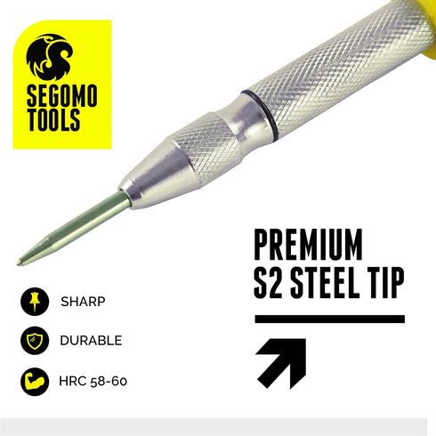 Segomo Tools 5 Inch Precision Diamond Knurled S2 Steel (58-60) Automatic Center Punch | Punch Tool | Spring Loaded Center Punch | Auto Center Punc...