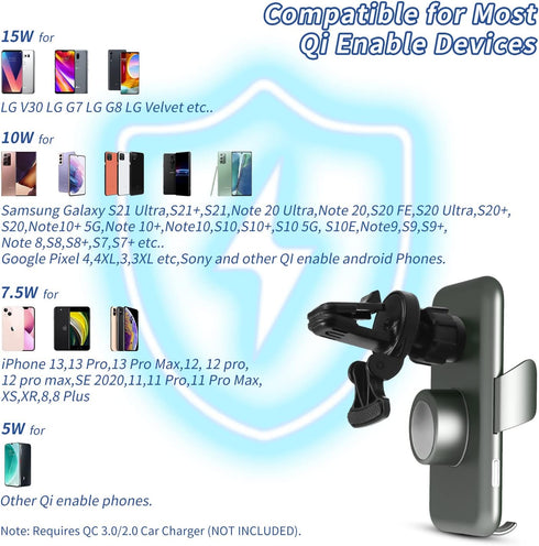 15W Fast Car Mount Charger, Charging Wireless Car Charger Phone Mount Phone Stand, Car Charger for iPhone 15 14 13 12 11 Pro Max, Samsung etc Wind...