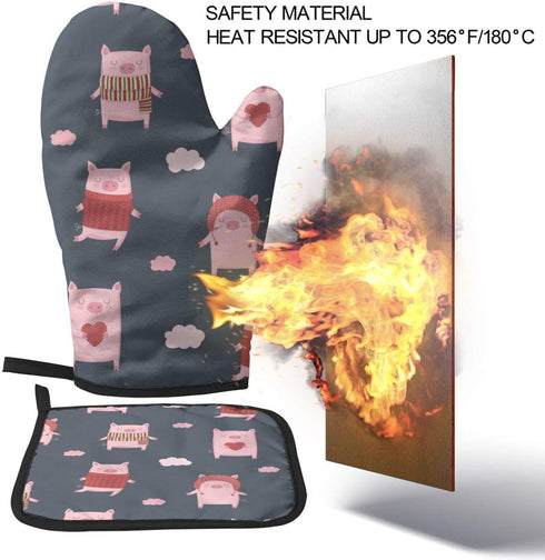 Cute Cartoon Pigs Oven Mitts and Pot Holders Sets Heat Resistant Oven Gloves with Non-Slip Surface for Reusable for Baking BBQ Cooking...