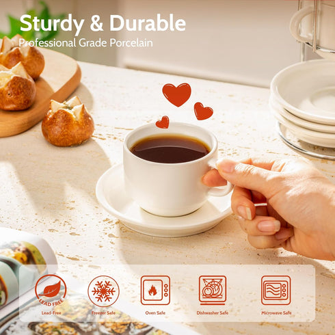 Sweese 8 Ounce Porcelain Stackable Cappuccino Cups with Saucers and Metal Stand - for Specialty Coffee Drinks, Cappuccino, Latte, Americano and Te...