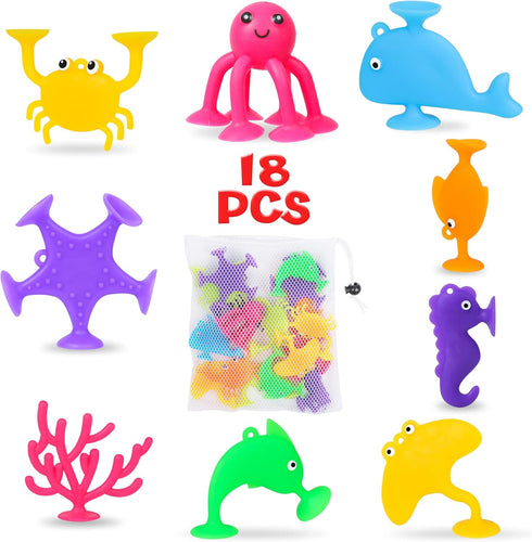 Baby Suction Cup Toys, Ocean Animals Sucker Toys with Mesh Bag Storage, 18 PCS Bath Toys for Kids Ages 4-8, Sensory, Window and Travel Toy, Montes...