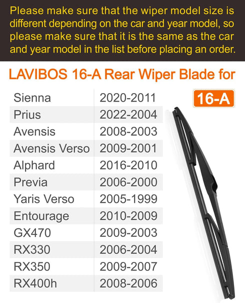 16 inch Rear Wiper Blade (16A), Back Window Windshield Wiper Blade for Toyota Sienna 2020-2011 Prius 2022-2004 /Lexus GX470 2009-2003 RX330 RX350 ...