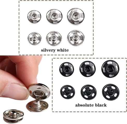 Fuman Forest 100 Sets Sew-on Snap Buttons Metal Snaps Fasteners Press Studs Buttons for Sewing, 8.5 mm,10 mm & 12mm,Black & Silver, (Fuman-034)...