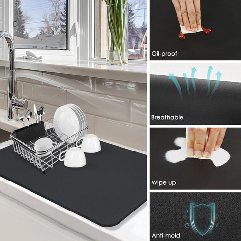Coffee Mat for Countertop, 24x16" Super Absorbent Large Bar Mat - Quick Dry Black Dish Drying Mat for Kitchen Counter, Easy Clean Coffee Accessori...