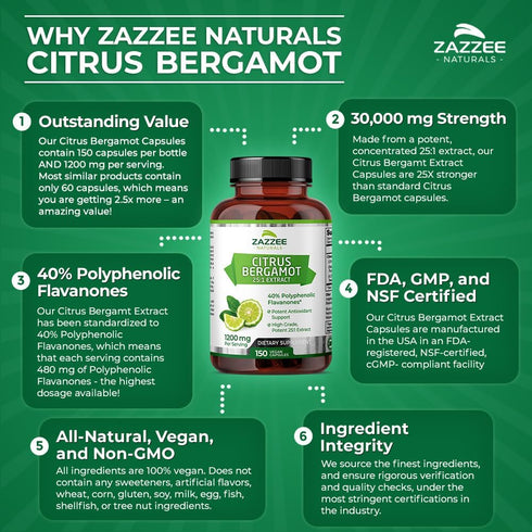 Zazzee Extra Strength Citrus Bergamot 25:1 Extract, 1200 mg, 40% Polyphenolic Flavanones, 150 Vegan Capsules, 30,000 mg Strength, Concentrated and...