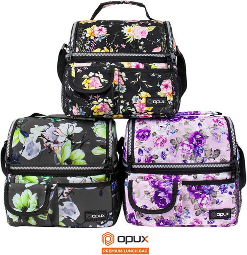 opux Lunch Bag Women Insulated, Adult Lunch Box Cooler, Flower Lunch Box, Dual Compartment Lunchbox for Work, Leakproof Double Decker Lunch Bag, S...