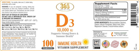 365 Health Vitamin D 250mcg, D3 Cholecalciferol for Immune Support and Promotes Healthy Bones, D3 10000IU Tablets, White-Color, 10,000 IU, 100 Cou...
