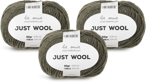 3 Ball (Pack) La Mia Just Wool, Total 5.28 Oz. 100% Recycled Wool, Each 1.76 Oz (50g) / 126 Yrds (116 m), 3 Light DK, Khaki Green - LT005......