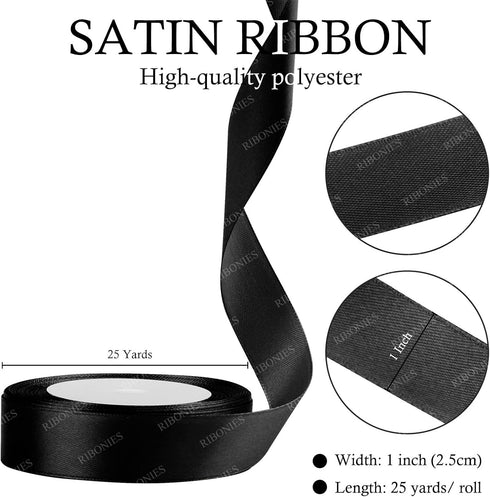 Black Satin Ribbon, 1 Inches x 25 Yards Fabric Ribbons for Gift Wrapping, Flower Bouquet, Crafts and Wedding Party Decoration...