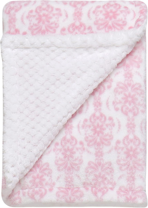 Little Me Plush 2-Ply Baby Blanket, 2 Sided Reversible, 30" x 40" (Pink Damask Print)...