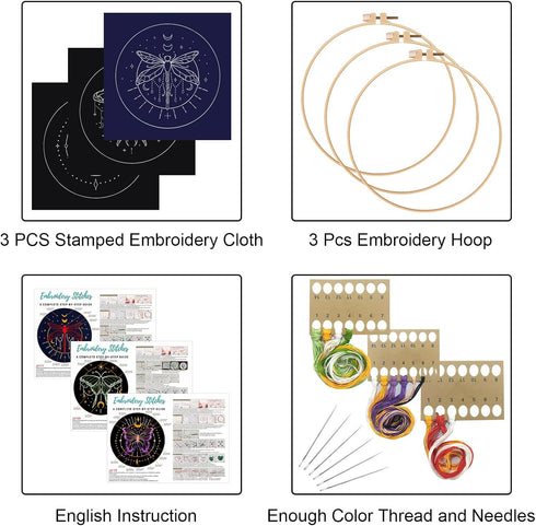 Louise Maelys 3 Set Tarot Embroidery Kits for Beginners with Moon Butterfly dragonfly and moth pattern,Adults Starter Cross Stitch Kit DIY Needlep...