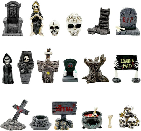 Halloween Miniature Figurines - 18Pcs Resin Ghost Tombstones Skull Heads Scene Ornaments Halloween Garden Accessories Mini Halloween Decorations f...