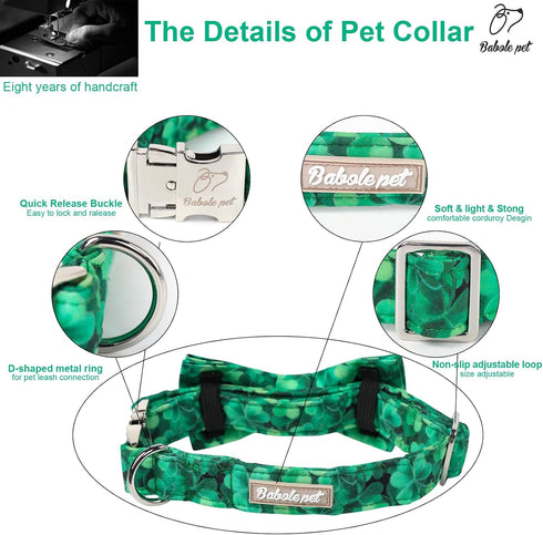 St.Patrick's Day Clover Dog Collars with Bow Tie,Green Abstract Clover Soft Cotton with Safety Metal Buckle Adjustable Puppy Collars for Small Boy...