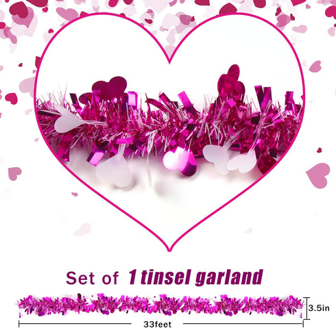 KIMOBER 33 Ft Valentine's Day Tinsel Garland,Roes Red White Heart Metallic Hanging Garland for Party Decoration Supply...