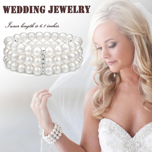 EIELO 6 Pcs Rhinestone Stretch Bracelet for Women Sparkly Clear Crystal Wedding Bridal Bridesmaid Stretch Bracelet Jewelry Stackable Elastic Pearl...