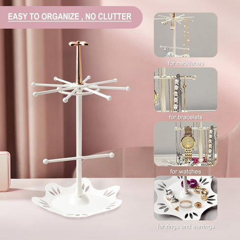Jewelry Holder Organizer, Jewelry Display Stand with Metal Round Ring Tray, Necklace Earring Bracelet Tower Display Rack Hanging Storage Tree (IVO...