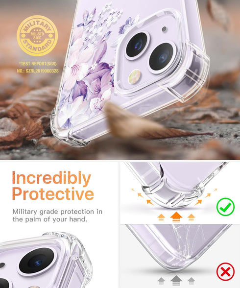 GVIEWIN for iPhone 14 Plus Case Floral, with Screen Protector + Camera Lens Protector, Soft Slim Clear Flower Shockproof Full Body Protective Wome...