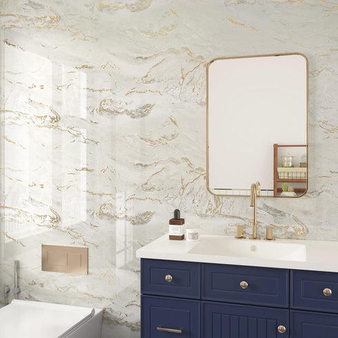 Glossy Marble Contact Paper for Countertop Kitchen Beige Gold Marble Wallpaper Modern Vinyl Wall Paper for Bathroom Waterproof 15.75"x78" Stick on...