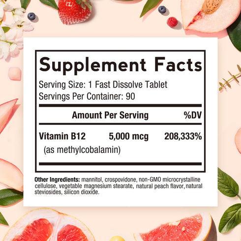 Doctor's Recipes Vitamin B12, Methylcobalamin 5000 mcg 90 Fast Dissolve Tablets, Natural Peach Flavor, Vegan Methyl, Energy Metabolism & Nervous S...