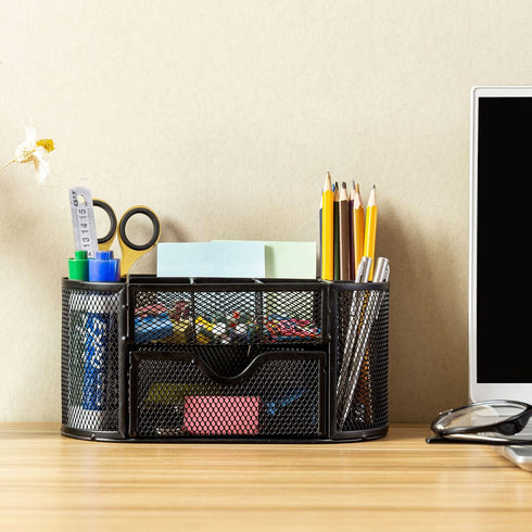 MyGift Metal Wire Mesh Desktop Supplies Organizer Caddy with 8 Compartments and Storage Drawer for Home Office School Dorm (Black))...
