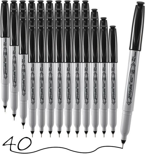 Permanent Markers, Ultra Fine Point, Black, 40 Count, 0.4mm, Fine tip permanent marker set, quick dry, waterproof, fading resists, durable, marks ...