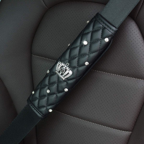 Queen Seat Safety Belt Pads - Leather Crystal Handbrake Cover - Bling Tiara Gear Crown Shift Stick Protector, for Girls Women or Ladies(4Pcs)...