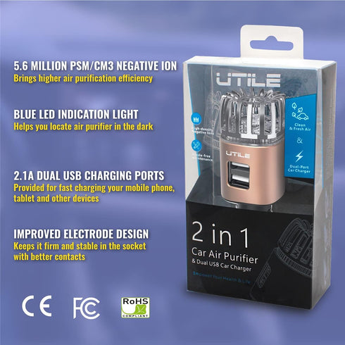 UTILE Car Ionizer Odor Eliminator Purifier with Dual USB Charger – Ionic Air Freshener| 2.1A/0.8W USB Charging for Phone, Tablet and Other Devices...