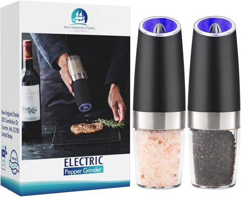 Gravity Electric Pepper and Salt Grinder Set, Battery Operated Pepper Mill with Blue LED Light, One Hand Operation, Flip to Grind, Adjustable Coar...