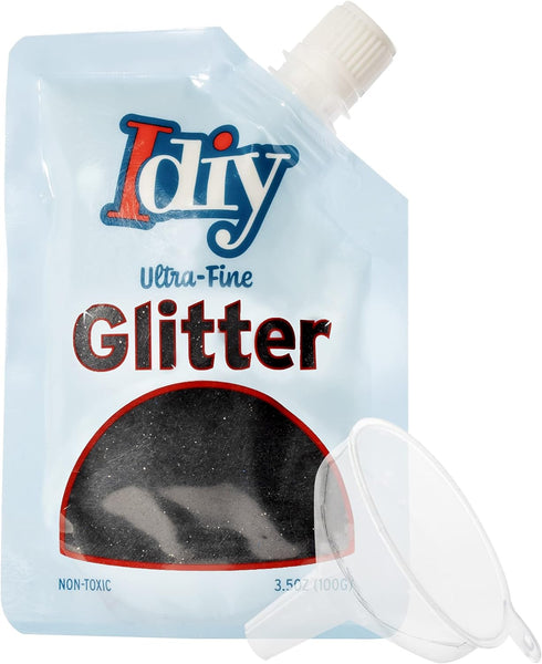 iDIY Ultra Fine Glitter (100g, 3.5 oz Pouch) w Easy-Pour Bag & Funnel-Midnight Black Extra Fine-Non-Toxic, Arts & Crafts, School, Summer Camp Proj...