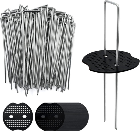 100 Pack 6 Inch Landscape Staples & 100pcs Fixing Gasket Sets, Garden Stakes Galvanized Steel Fabric Pins Heavy-Duty U Shape Sod Turf Pins for Gro...