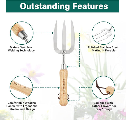 Berry&Bird Gardening Hand Fork, Stainless Steel Hand Weed Fork, Traditional Garden Hand Fork Tool with Ergonomic Ash Wood Handle for Weeding, Digg...