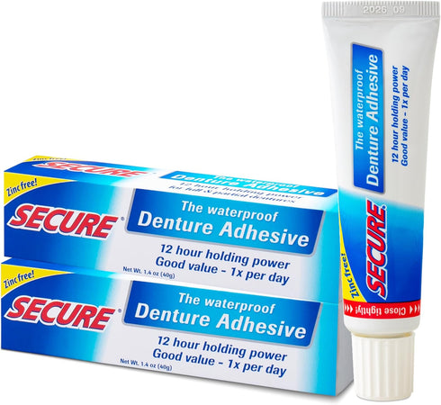 Secure Waterproof Denture Adhesive - Zinc Free - Extra Strong 12 Hour Hold - 1.4 oz (Pack of 2)...