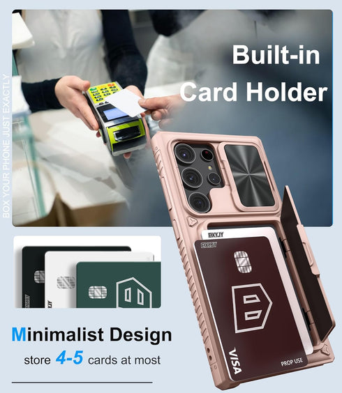 for Samsung Galaxy S24 Ultra Case with Card Holder (Store 4-5 Cards) & Slide Lens Cover & Stand, Military Grade Drop Protection, Shockproof Wallet...