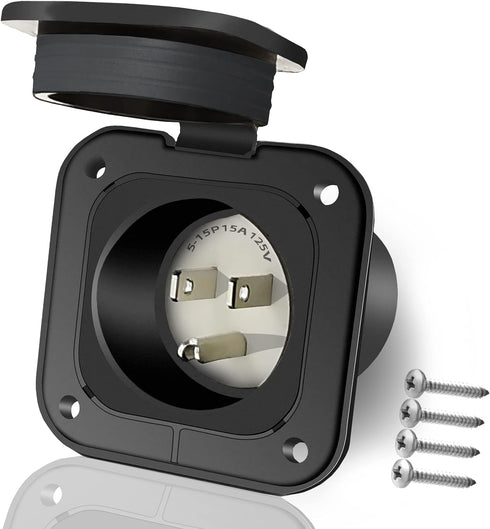 15 Amp Inlet, Shore Power Flanged Receptacle, 15A 125V Recessed Male Outlet, NEMA 5-15 AC Port Plug with Waterproof Covers, Exterior Electrical Co...