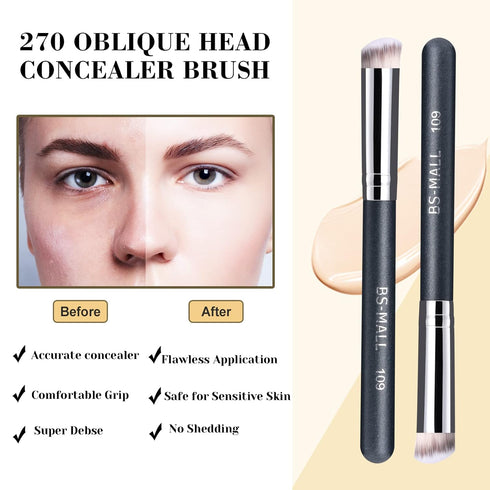 BS-MALL Concealer Brush Makeup Brushes Under Eye Angled Flat Top Kabuki Brush Small Foundation Pack of 2 Nose Contour Brush Travel Package...