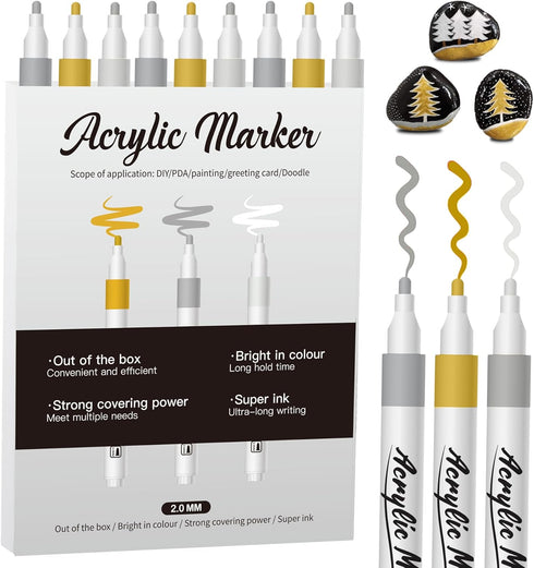 Acrylic Paint Pens Markers,9 Pack Acrylic Markers, 2-3mm Medium Tip, White Gold Silver Paint Pen for Art Projects, Drawing, Rock Painting,Wood, Pl...