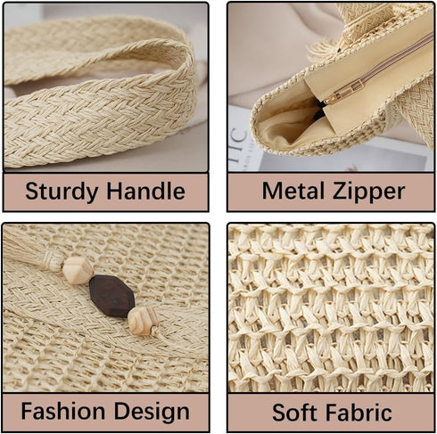 Large Straw Woven Bag for women, Straw Beach Tote Bag with Tassels, Boho Summer Shoulder Handbags for Vacation...