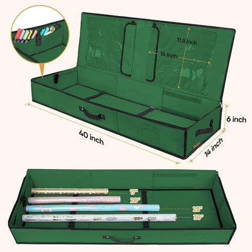 BALEINE Christmas Wrapping Paper Storage Organizer with Flexible Partitions and Pockets, 40" Durable 600D Oxford Fabric Gift Wrap Storage Bag Fits...