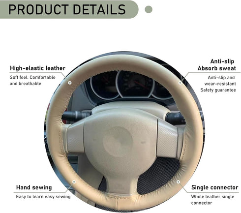 1 PC Car Steering Wheel Cover with 2 PCS Sewing Tool, 14.9In Durable Waterproof Leather Steering Wheel Protector, Universal Breathable Elastic Ste...