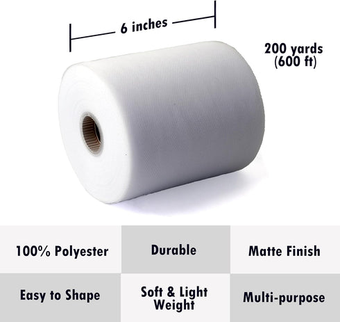Craft and Party, Tulle Fabric Roll 6" by 200 Yards (600 ft) White Fabric Tulle Spool for DIY Tutu Bow, Wedding and Decoration. Value Pack. (White)...