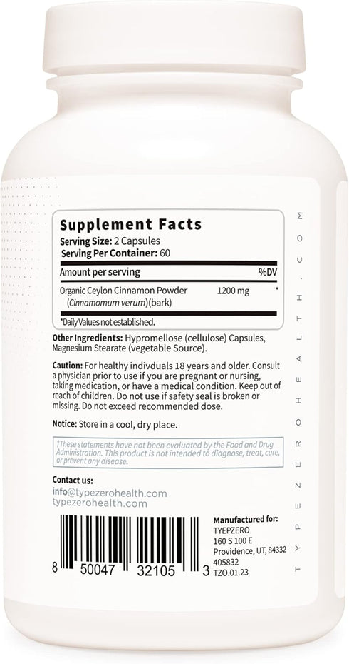 Type Zero Ceylon Cinnamon Capsules (1200mg | 120 Capsules) - Natural, Non-GMO, Gluten Free, Organic Cinnamon Supplement...